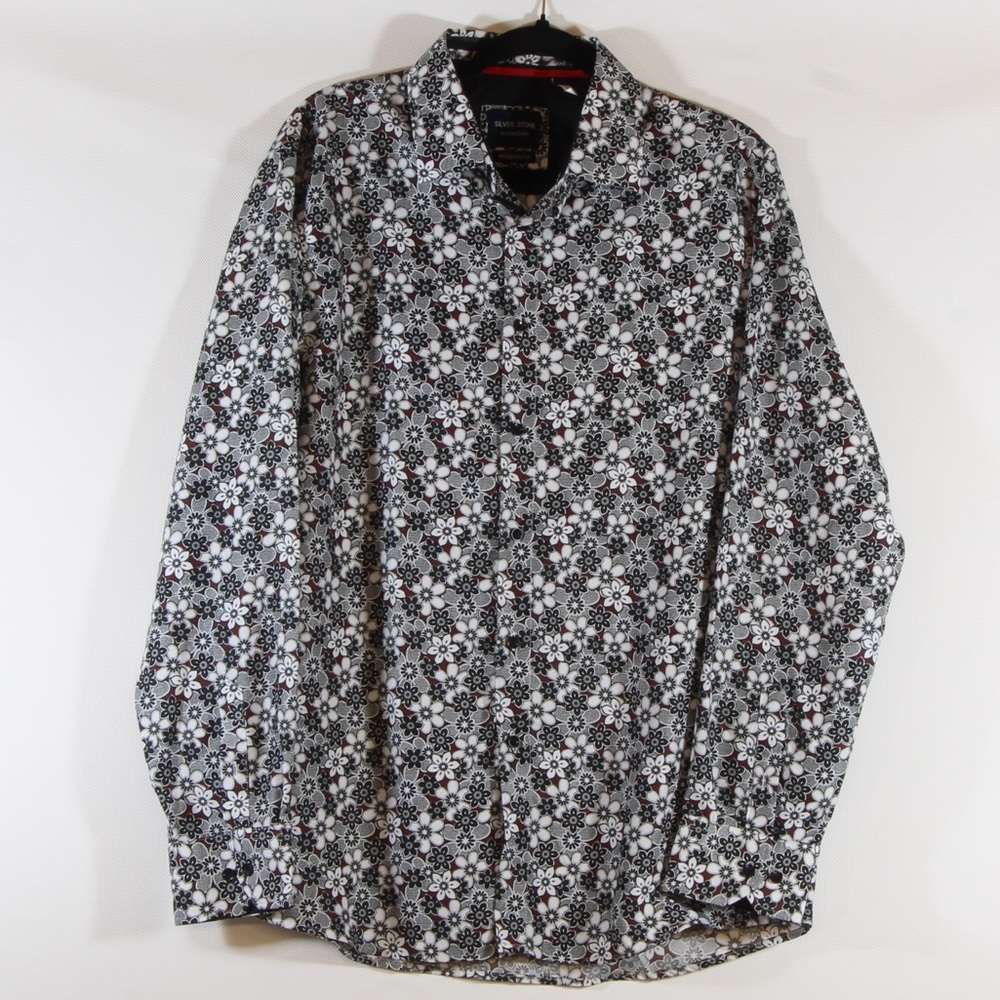 Silver Stone Colllection Men's Modern Fit Black White Floral Button Down Shirt